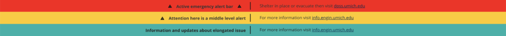 stacked informational alert bars in colors based on type of emergency: red, yellow, and teal